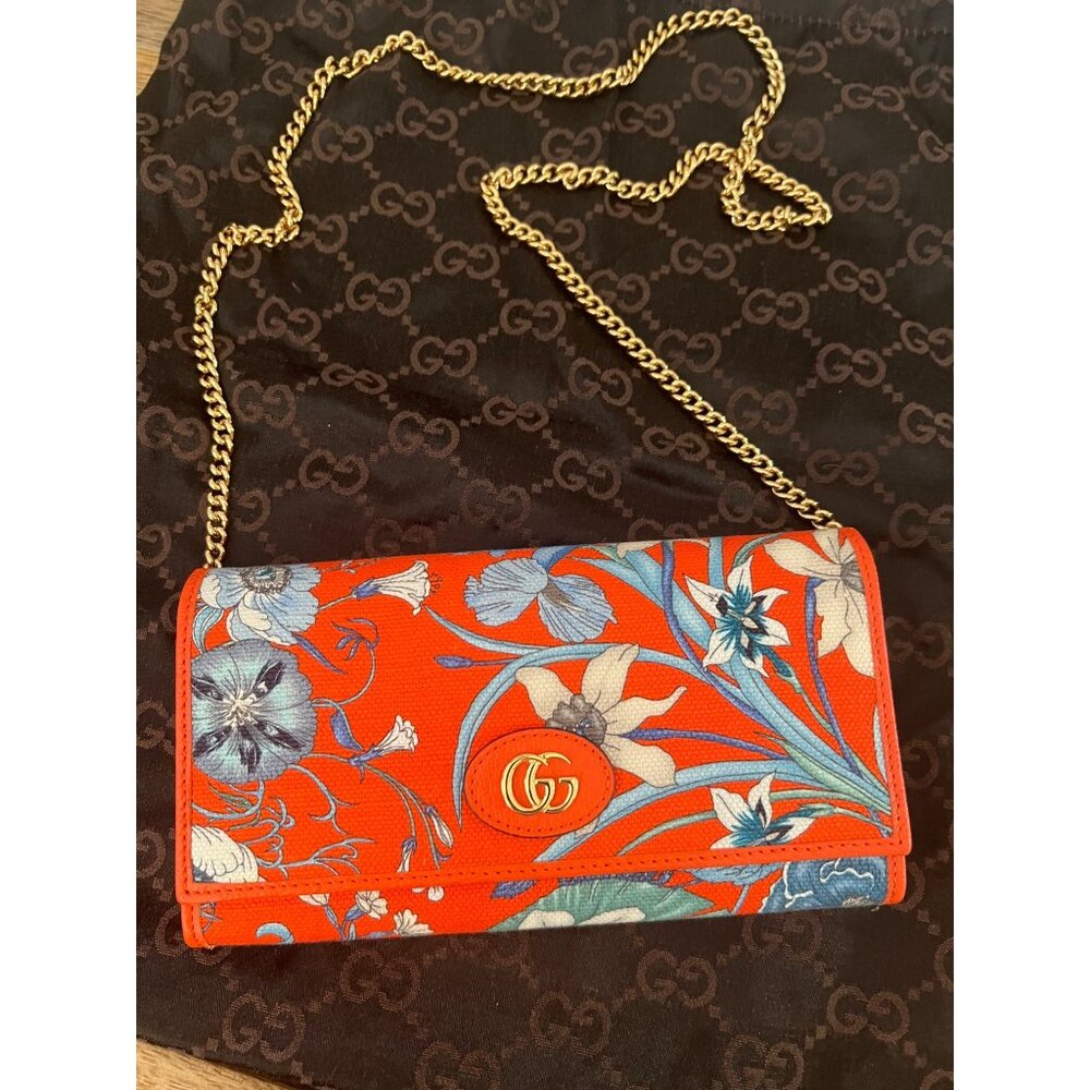 Gucci Floral Red & Blue Leather Chain Wallet